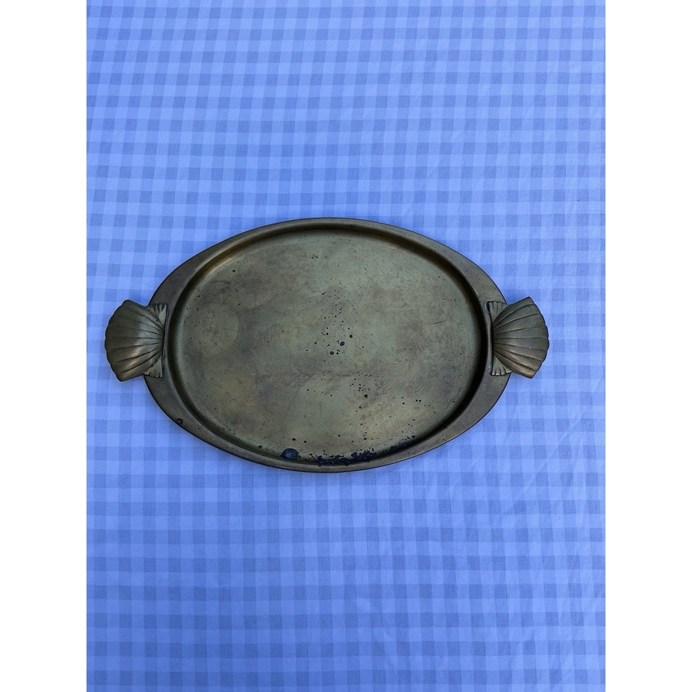 Vintage Brass Oval Tray Shell Double Handle MCM Motif Handled Seashell Korea